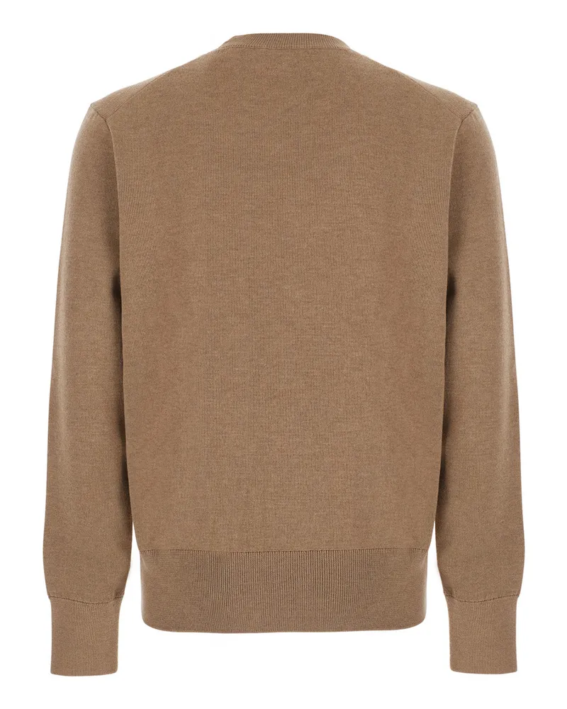 AMI Paris Men's Crewneck Sweater Ami De Coeur Beige Wool And Cashmere Blend Tops Top Beige