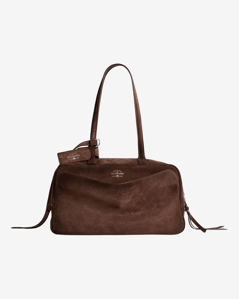 Balenciaga Women's Suede Bowling Bag With Embossed Logo Brown Calfskin Leather Shoulder Brown