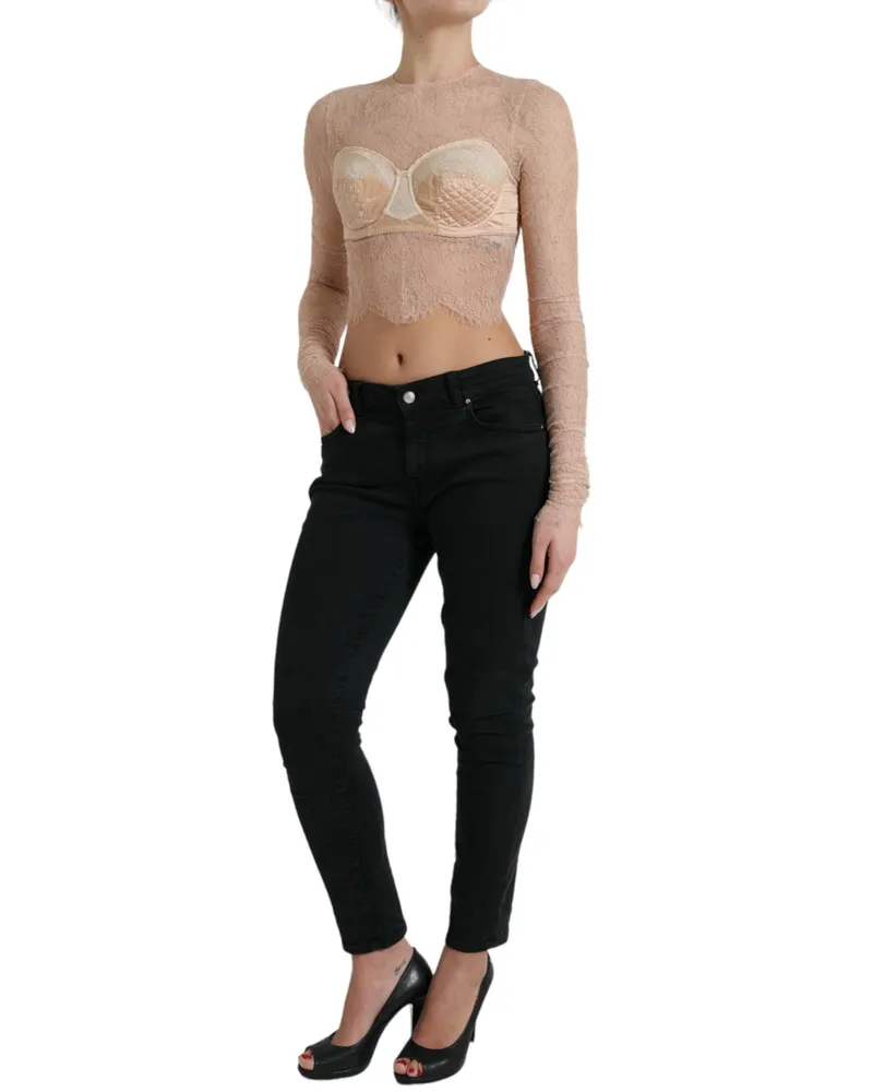 Dolce & Gabbana Women Beige Nylon Floral Lace Bustier Cropped Top Modal Silk Beige
