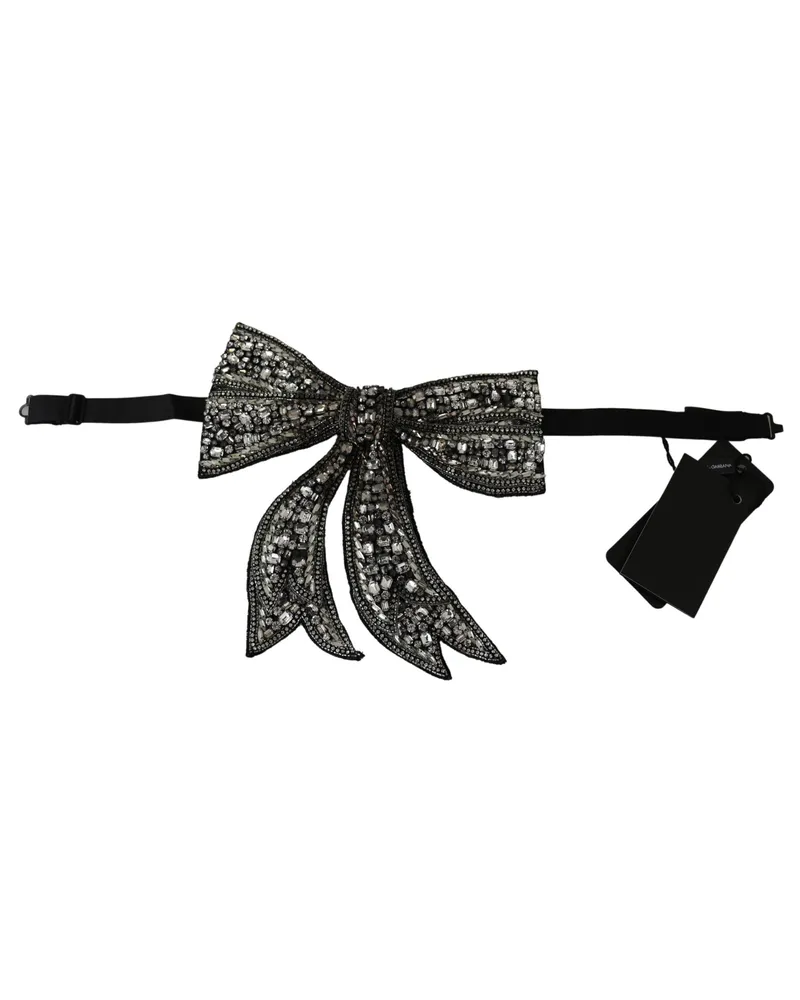 Dolce & Gabbana Silver Tone Silk Crystal Embellished Women Bowtie Accessory Silver