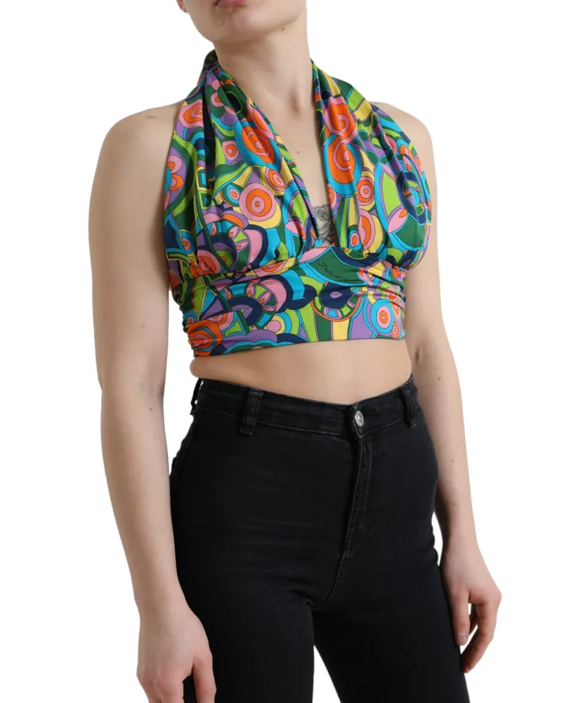 Dolce & Gabbana Women Multicolor Halter Sleeveless Cropped Tank Top Silk Multicolor