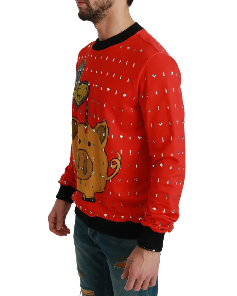 Dolce & Gabbana Men's Red Crystal Pig Of The Year Sweater Cotton Clothing Red
