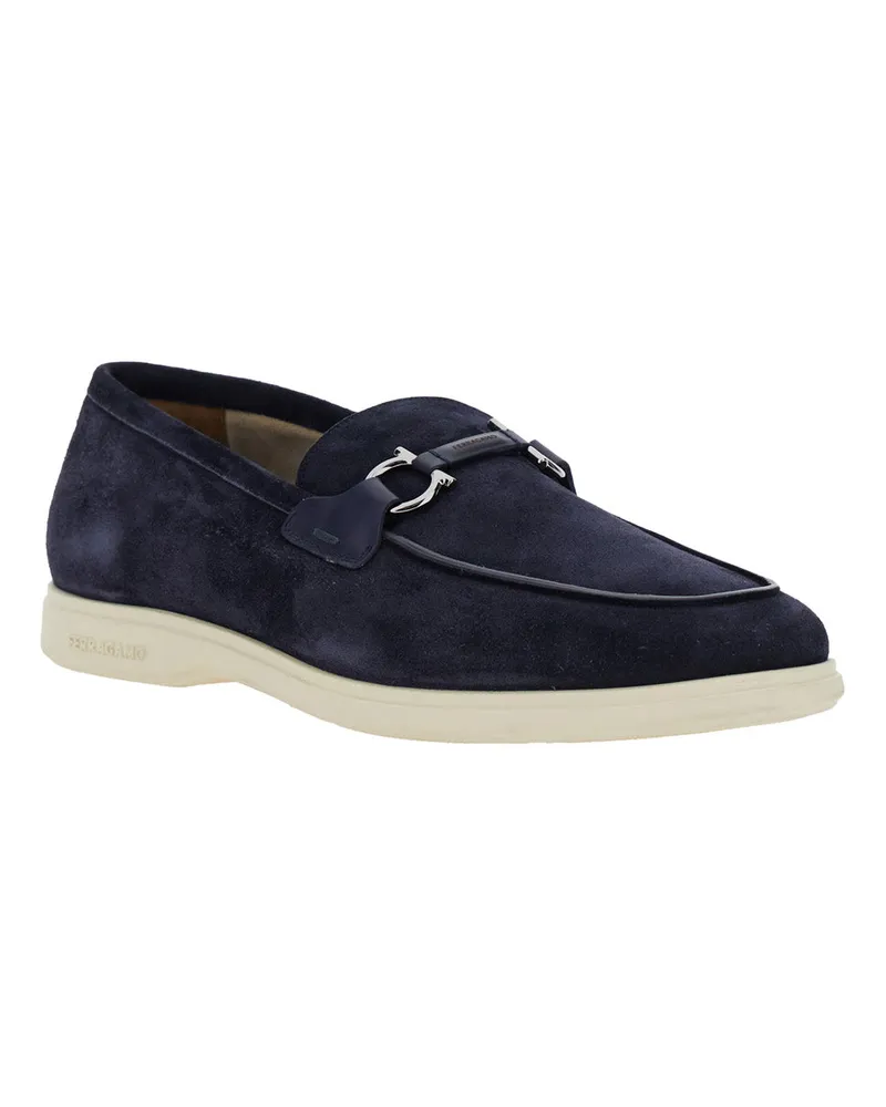 Ferragamo Men's Blue Loafers With Metallic Hooks Calf Blue