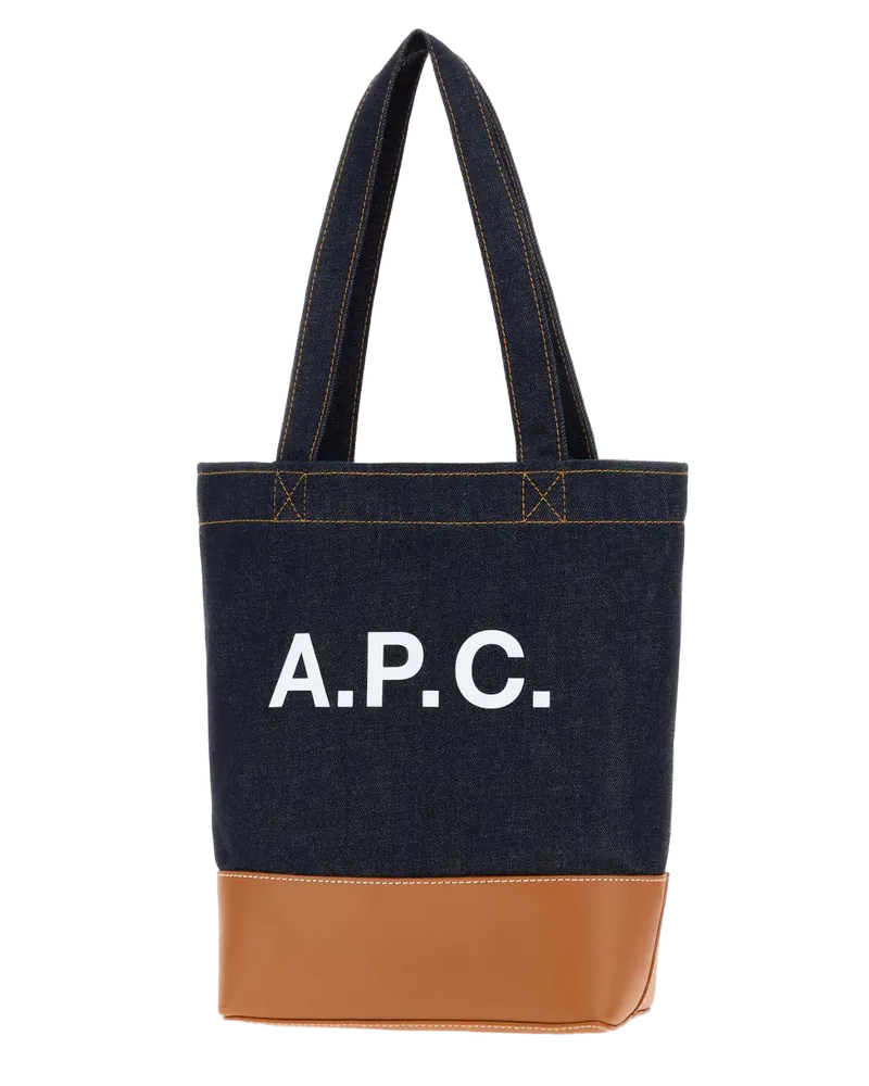 A.P.C. Men's Two-Tone Denim And Leather Axelle Shopping Bag Caramel Exterior: Fabric Borse A Mano Navy