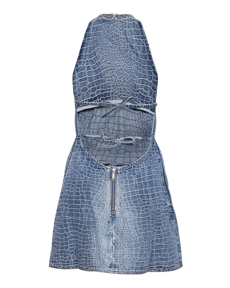 Self-Portrait Women's Mini Dress Croc-Effect Denim Blue Polyester Blue