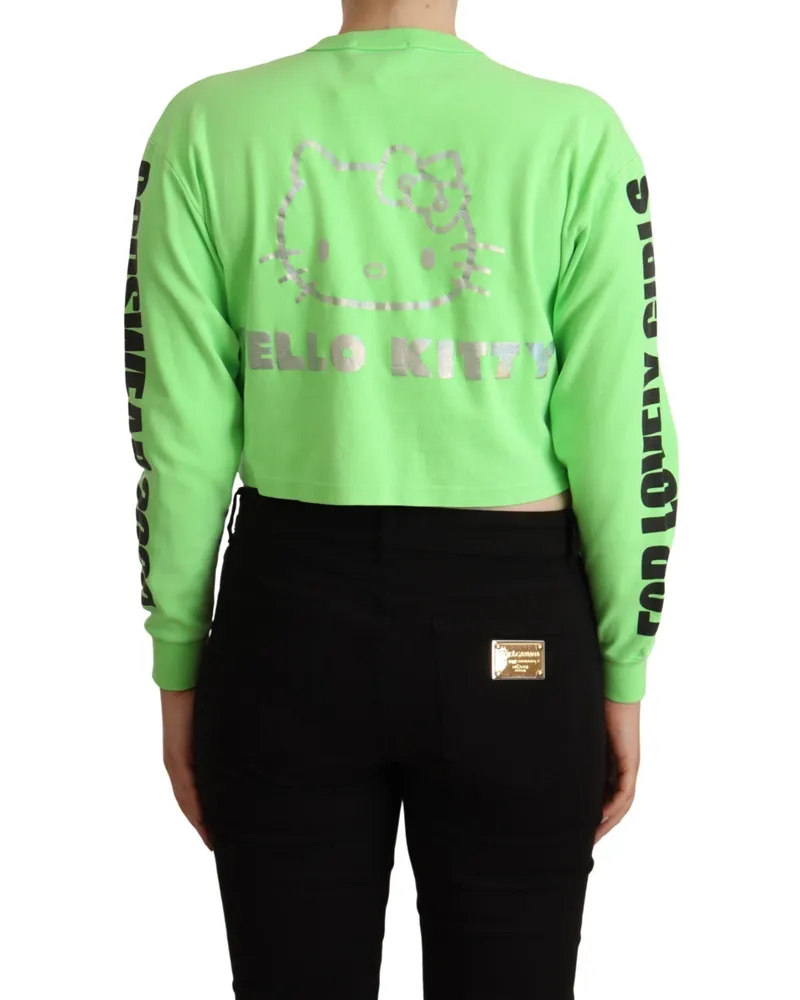 GCDS Women's Mint Green Printed Long Sleeves Cropped Top Sweater Cotton Green