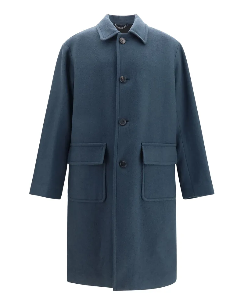 Dries van Noten Men Coat Long Single-Breasted Bottle Merino Wool Blue