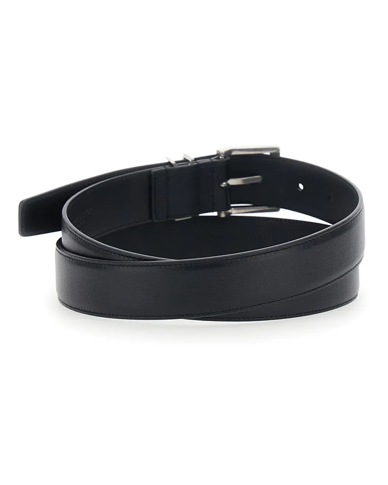 Saint Laurent Men's Belt With Cassandre Plate, Black Leather Calfskin Black