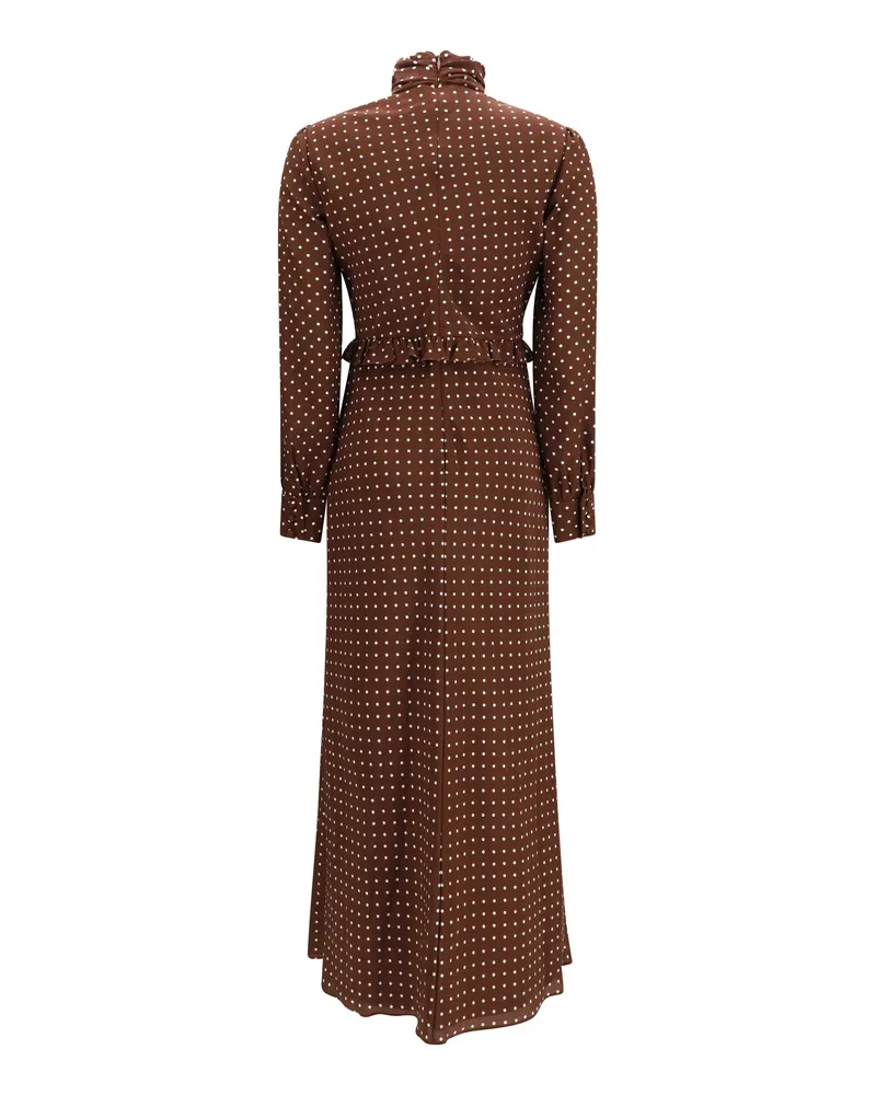 Alessandra Rich Women's Polka Dot Silk Crêpe De Chine Midi Dress With Bow Brown-White Outer: Silk; Inner: Viscose Brown