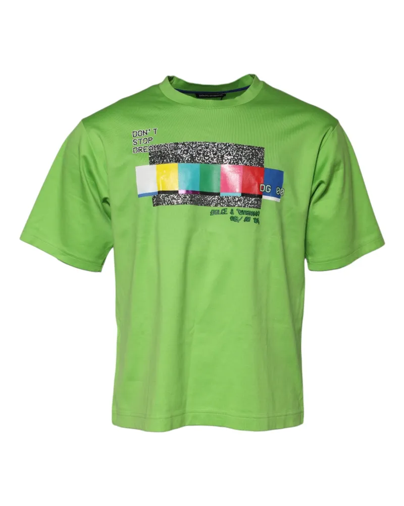 Dolce & Gabbana Men's Green Graphic Printed Round Neck T-Shirt Cotton Green