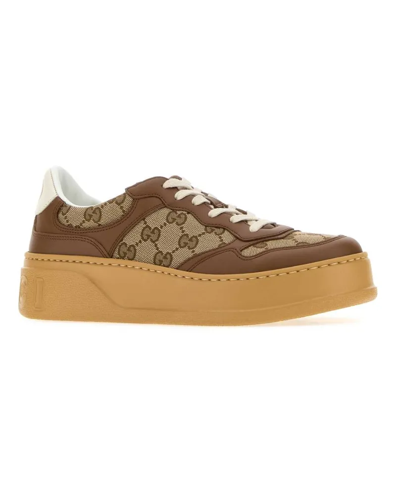 Gucci Women's Gg Fabric And Leather Sneakers 2866 Calf Skin Brown