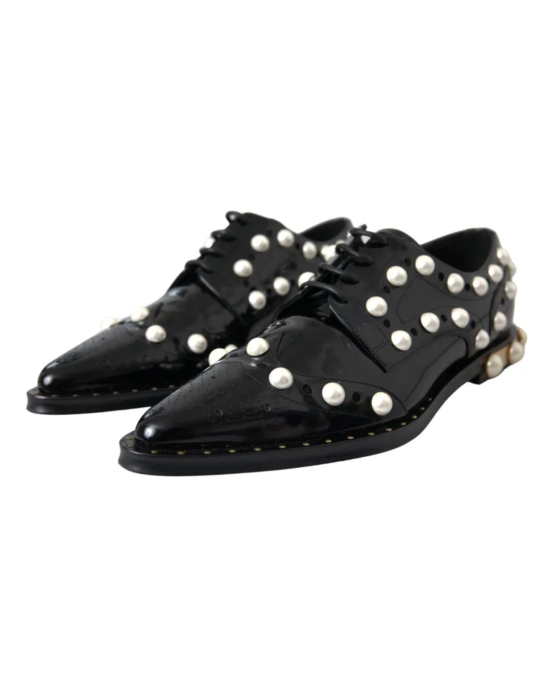 Dolce & Gabbana Women's Black Leather Faux Pearl Dress Brogue Shoes Calf Goat Black