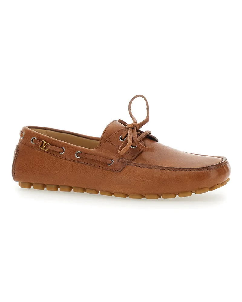 Valentino Garavani Men's Brown Loafers With Vlogo Plaque Buffalo Leather Brown
