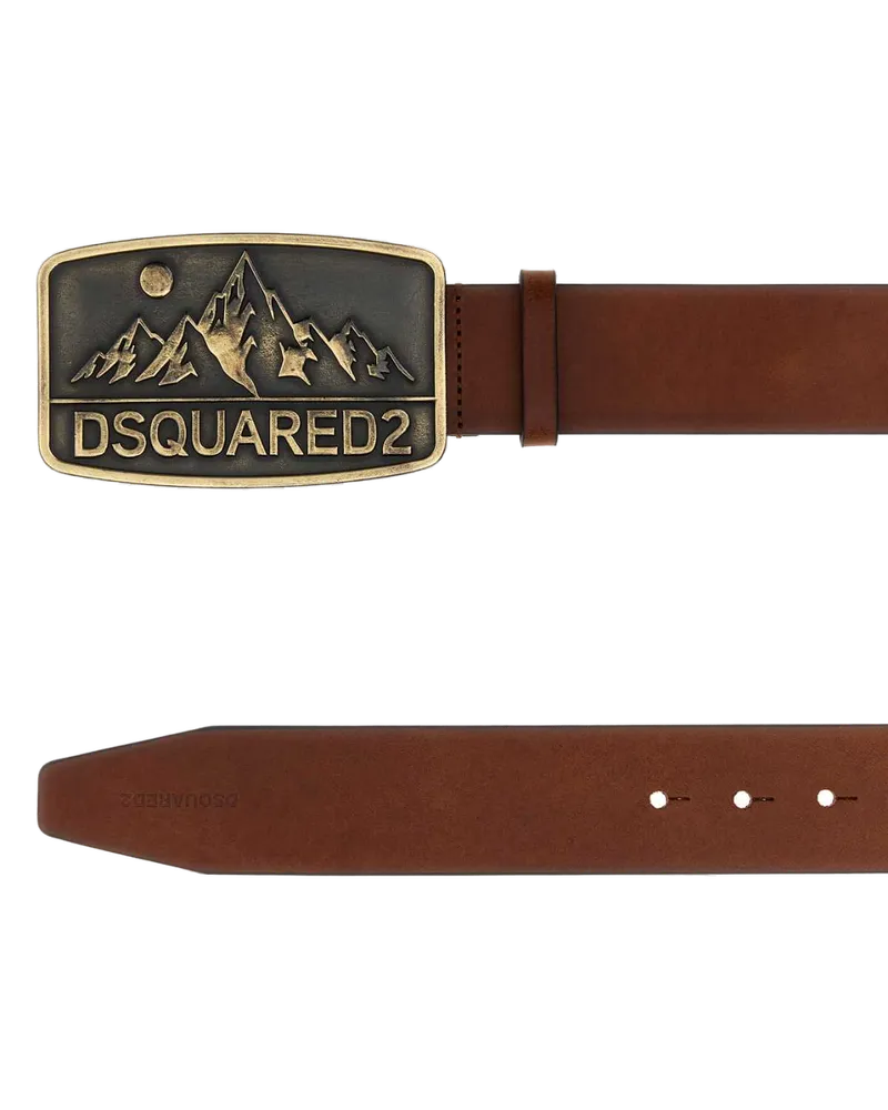 Dsquared2 Mountain Logo Brass Buckle Belt — Brown Brown