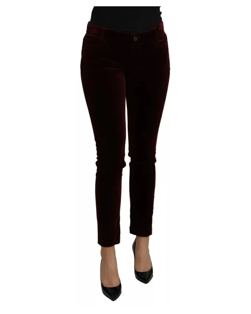 Dolce & Gabbana Women Bordeaux Velvet Stretch Slim Fit Pants Cotton Burgundy