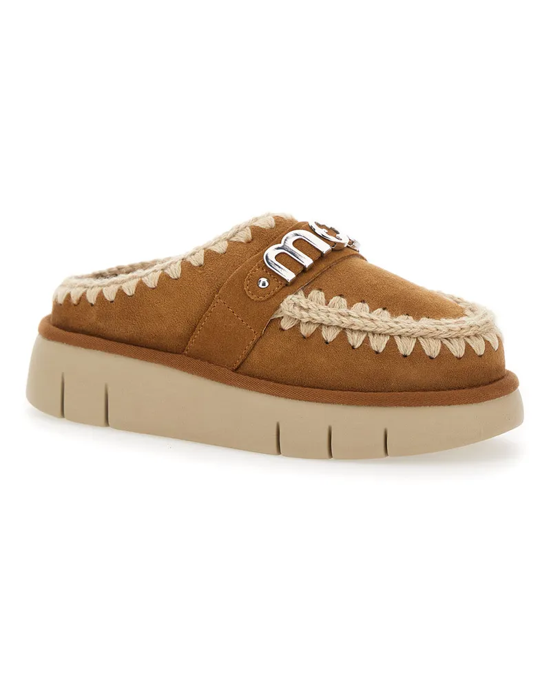 Mou Women's Mules Beige With Logo Lettering Brown Sheep Brown