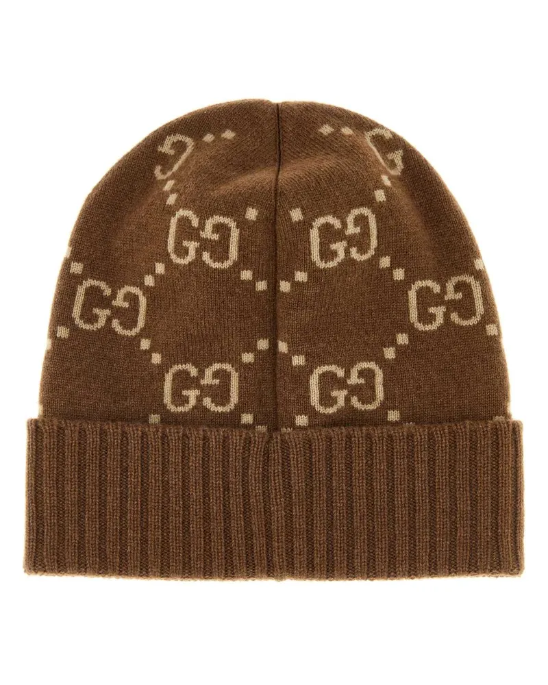 Gucci Women's Embroidered Cashmere Beanie Hat Brown Exterior: Cappelli Brown