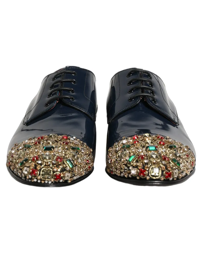 Dolce & Gabbana Blue Embellished Men Derby Dress Formal Shoes Black Leather Navy
