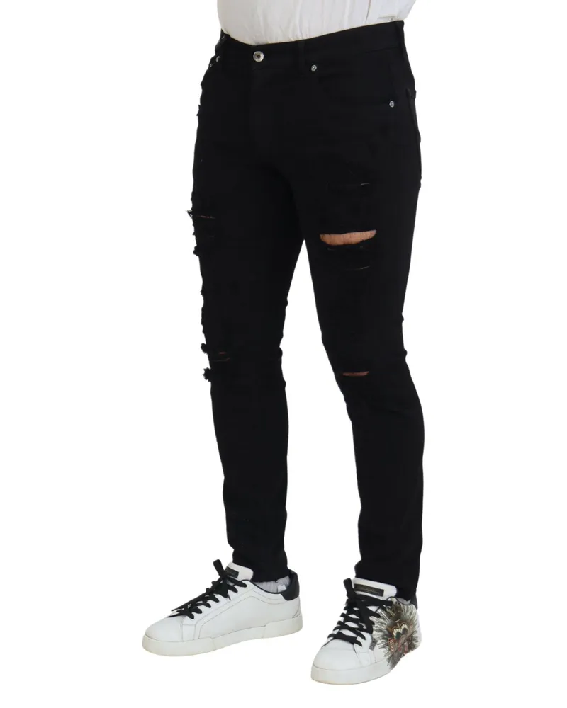 Dolce & Gabbana Slim Fit Tattered Denim Jeans — Black Black