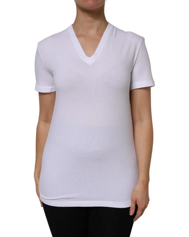 Dolce & Gabbana Women White Cotton Short Sleeves V-Neck Top T-Shirt Elastane White