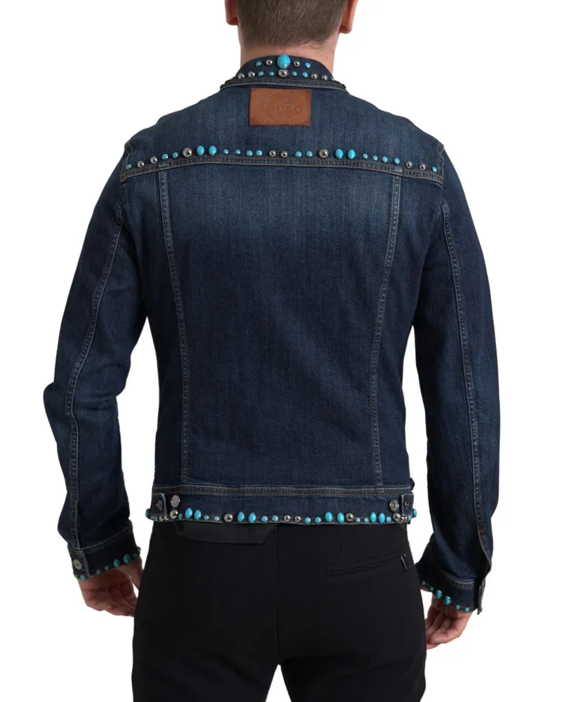 Dolce & Gabbana Men's Blue Denim Turquoise Stones Studded Jacket Cotton Elastane Clothing Blue