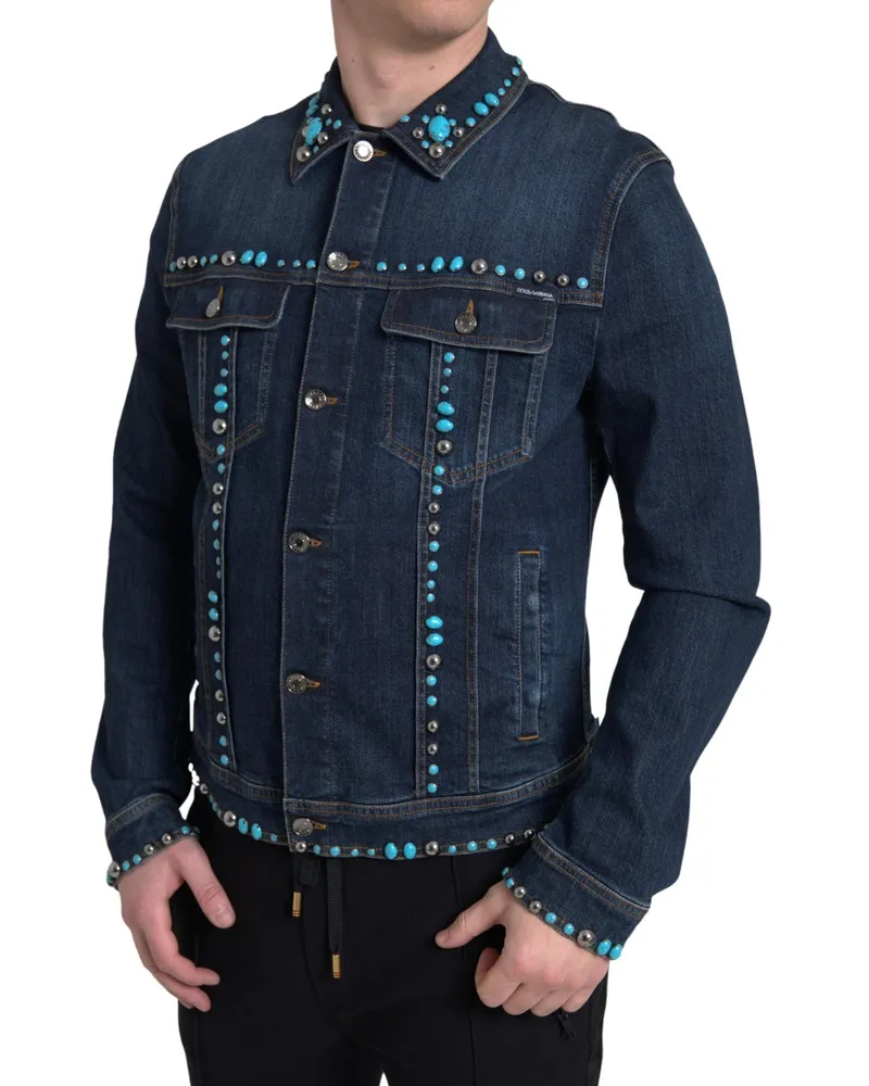 Dolce & Gabbana Turquoise Stone-Studded Denim Jacket — Blue Blue