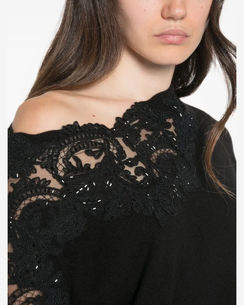 Ermanno Scervino Lace-Panel Cashmere Sweater — Black Black