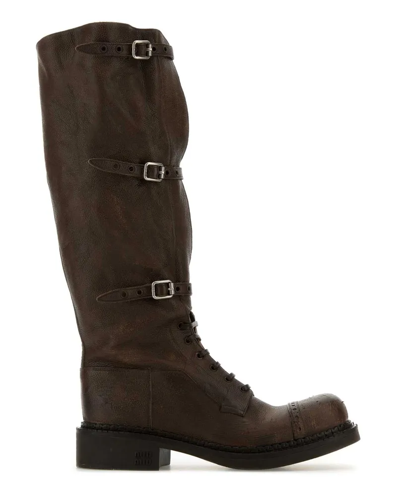 Miu Miu Leather Buckle Strap Boot — Brown Brown