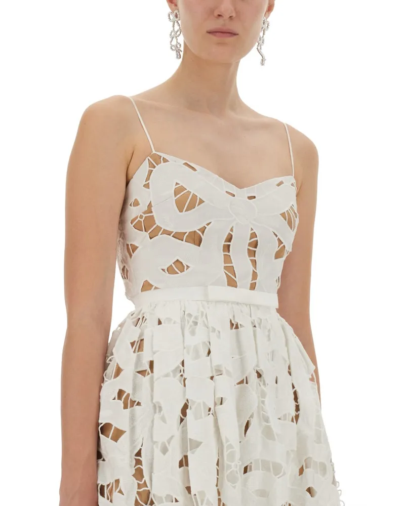 Self-Portrait Embroidered Midi with Bow Dress — White White