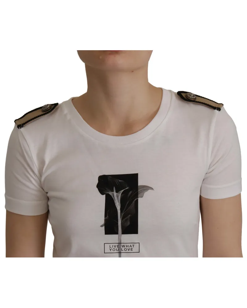 Dolce & Gabbana Women White Black Roses Crewneck Cotton T-Shirt White