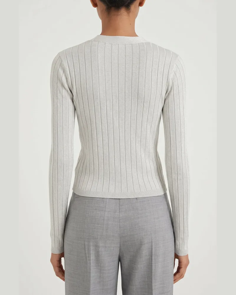 Brunello Cucinelli Ribbed Silk Cardigan — Light Grey Light