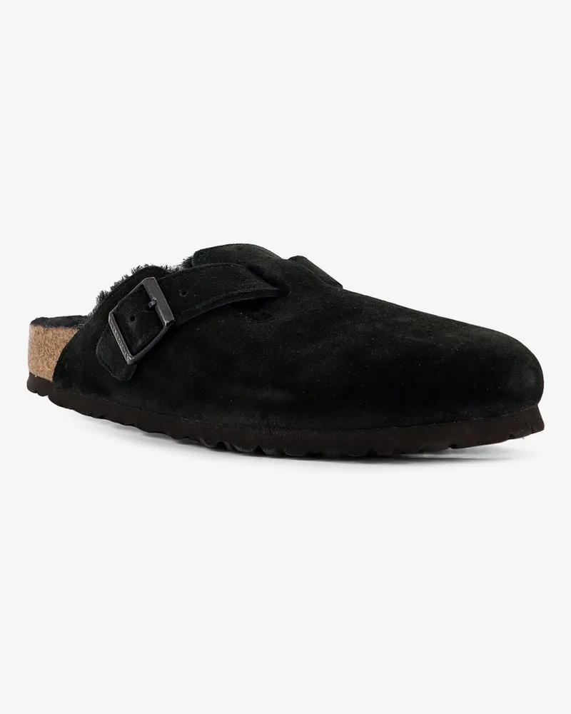 Birkenstock Unisex Mule Boston Shearling Suede Black Leather Sandal Black