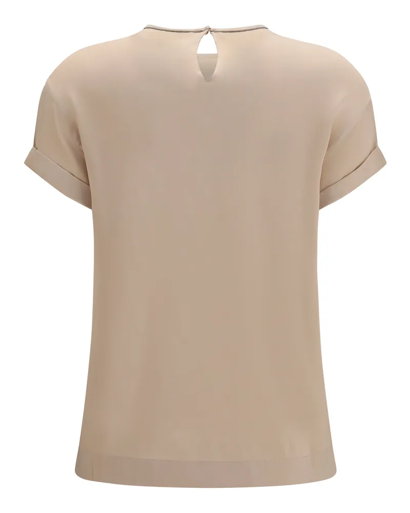 Brunello Cucinelli Women's Silk Blouse With Monili Chain Sabbia Elastane; T-Shirts And Polos Sabbia