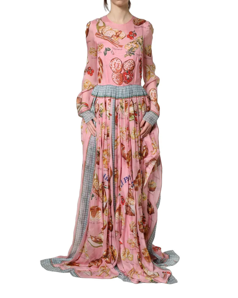 Dolce & Gabbana Women's Light Pink Bread Print Pleated Maxi Dress Silk Pink