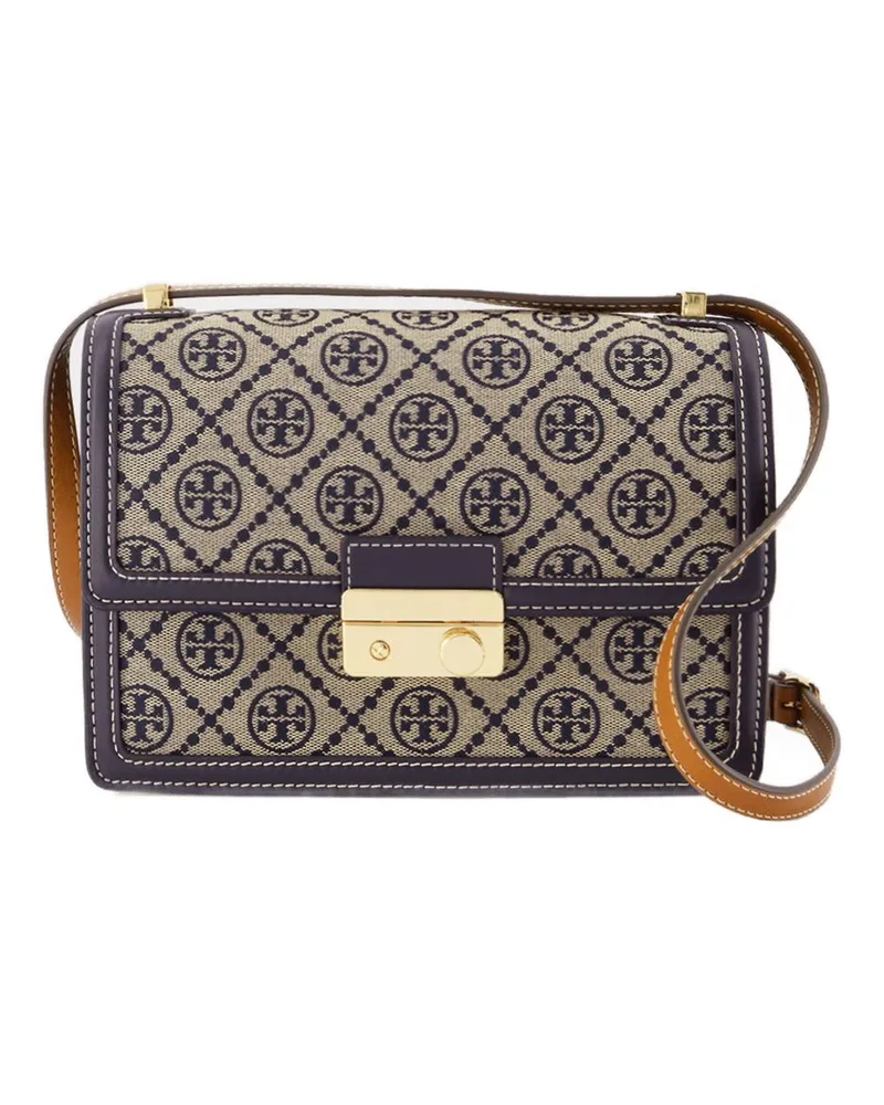 Tory Burch Women's T Monogram Shoulder Bag -  Leather Blue Cotton Shoulder-Hobo-Bags Blue