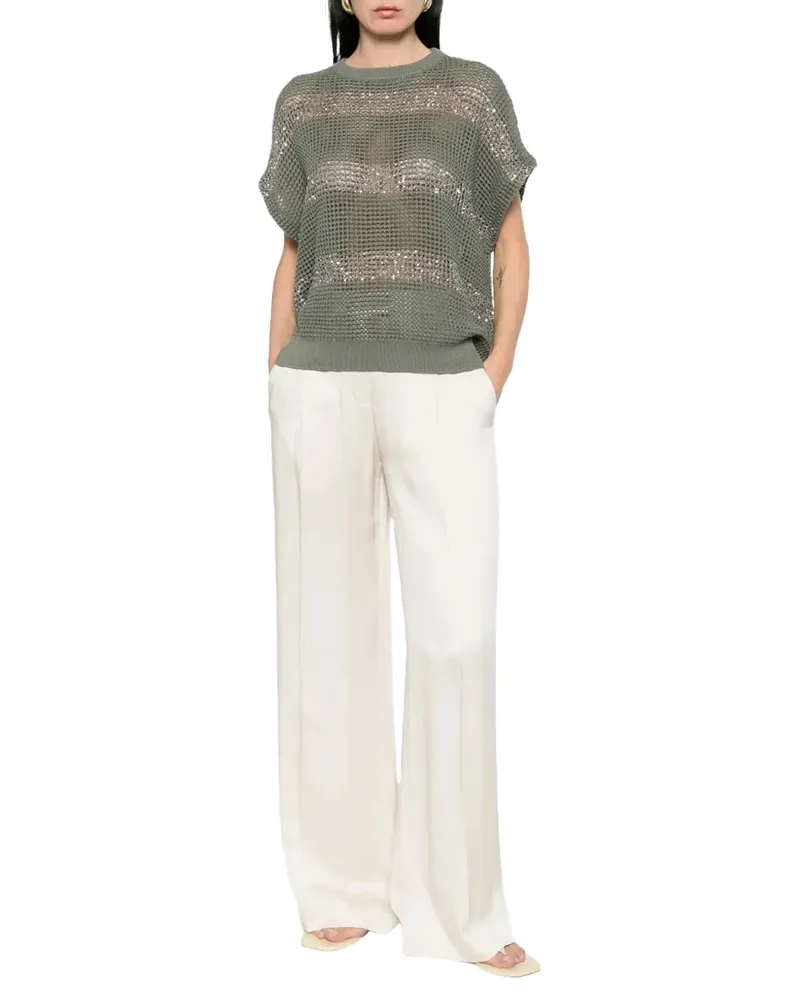 Brunello Cucinelli Open-Stitch Cotton Sweater — Green Green