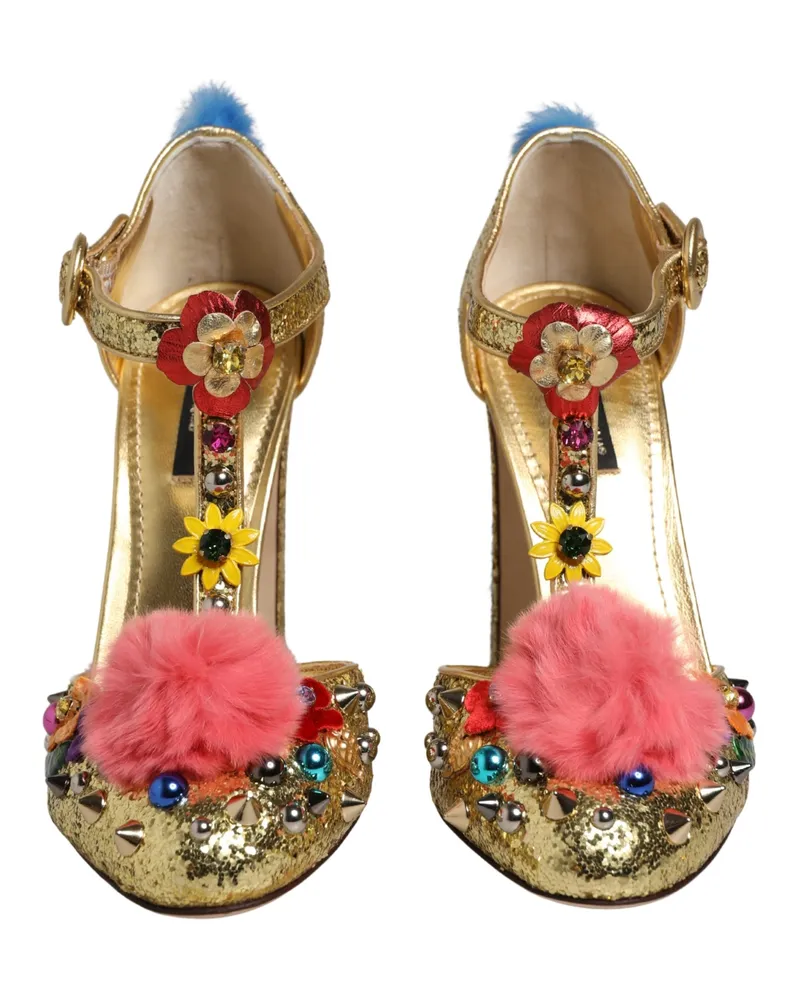 Dolce & Gabbana Women's Gold Fur Trim Glitter T-Strap Sandals Shoes Gold