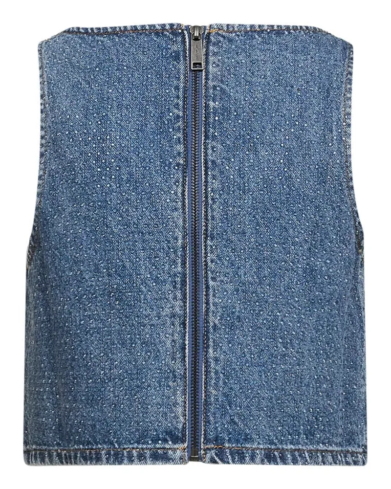 Self-Portrait Women's Blue Rhinestone Denim Crop Top Cotton 