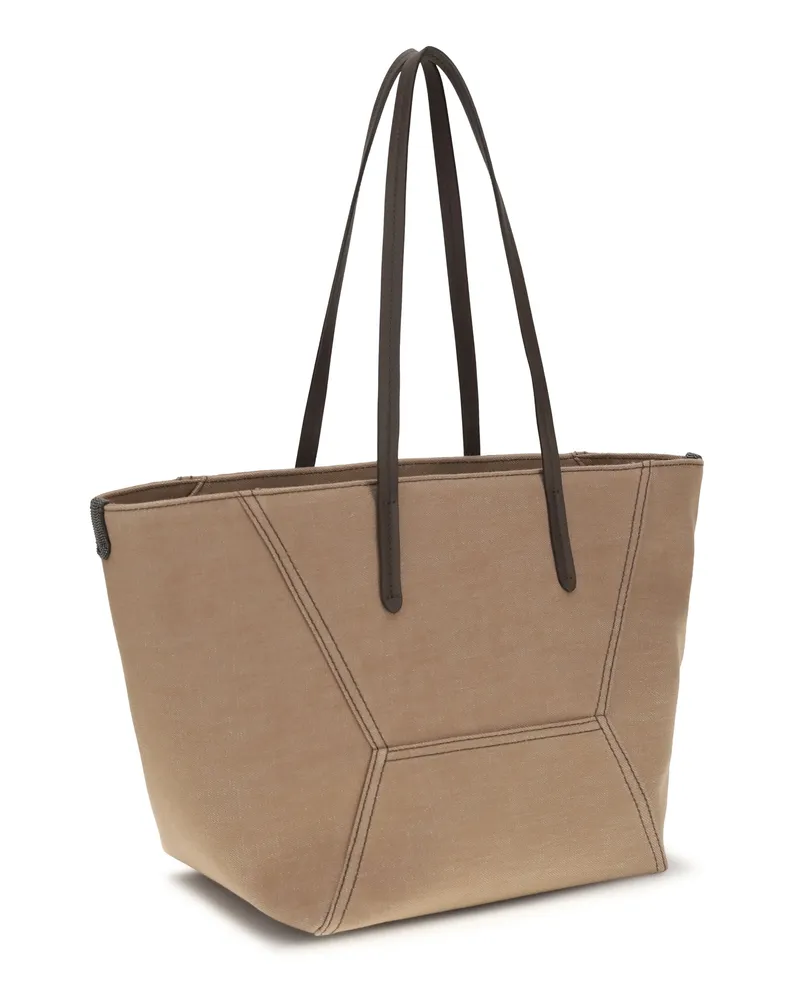 Brunello Cucinelli Women's Shoulder Bag Canvas Camel Cotton Handbags Hand Camel