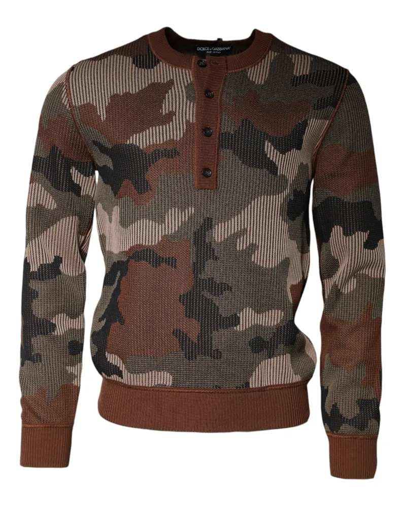 Dolce & Gabbana Men's Camouflage Crew Neck Sweater Brown Polyester Silk Viscose Brown