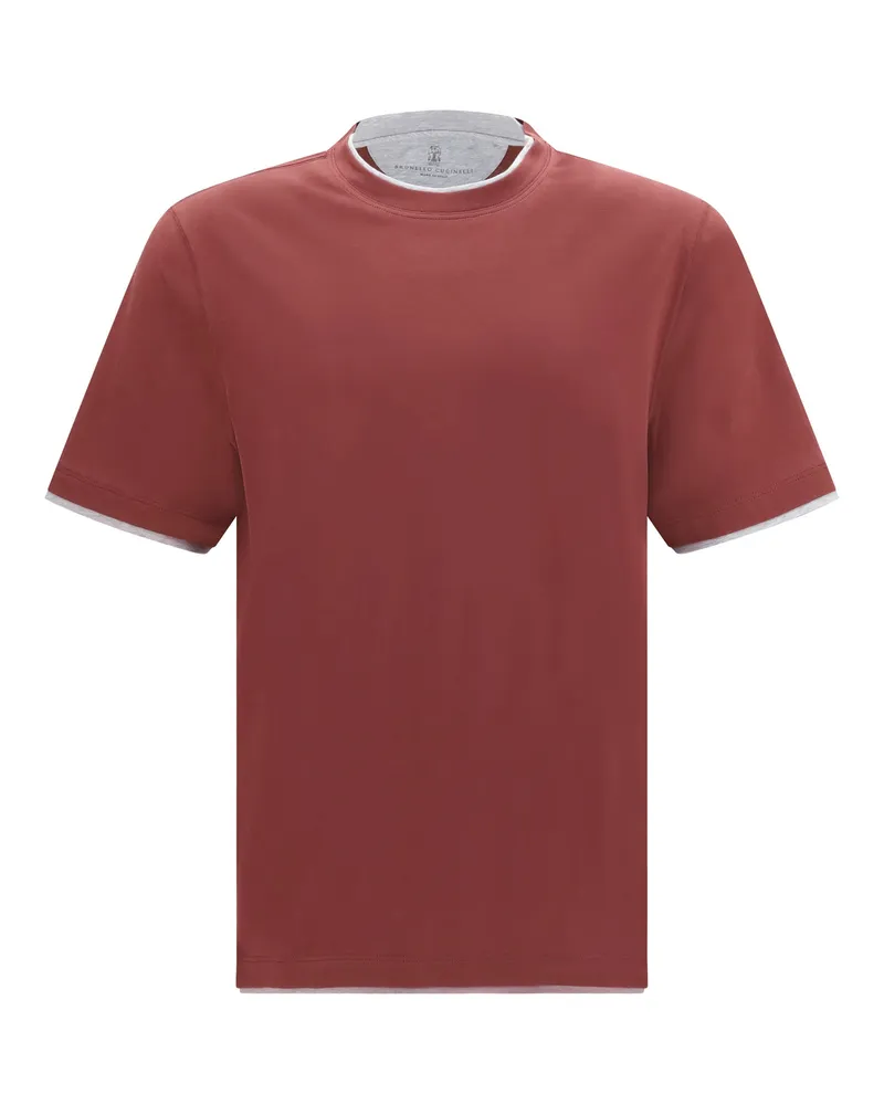 Brunello Cucinelli Two-Tone Double-Layer Hem T-shirt — Red 