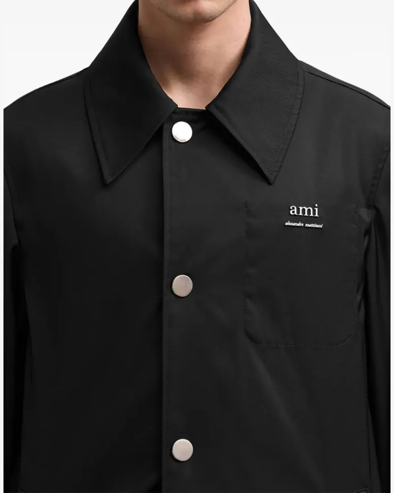 AMI Paris Technical Twill Logo Raincoat — Black Black