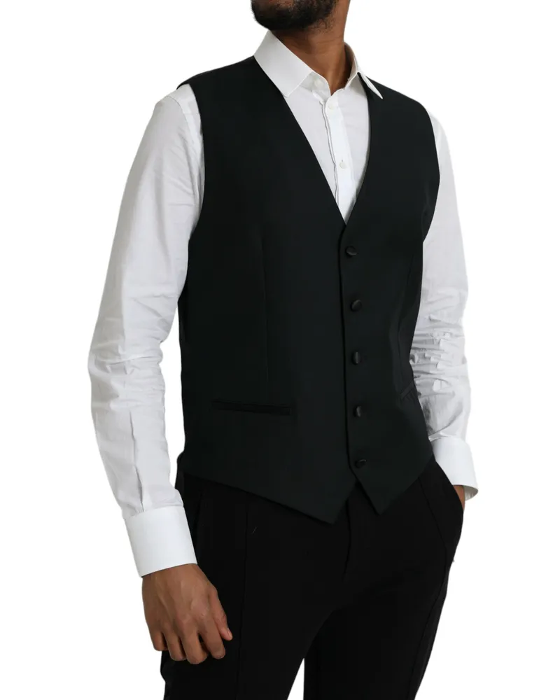 Dolce & Gabbana Men's Black Wool Waistcoat Dress Formal Vest Silk Polyester Black