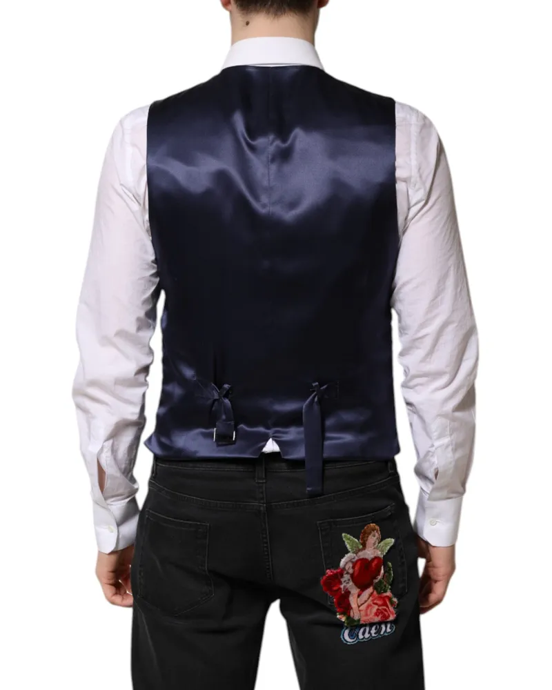 Dolce & Gabbana Dark Blue Logo Wool Formal Men Waistcoat Vest Virgin Elastane Clothing Navy