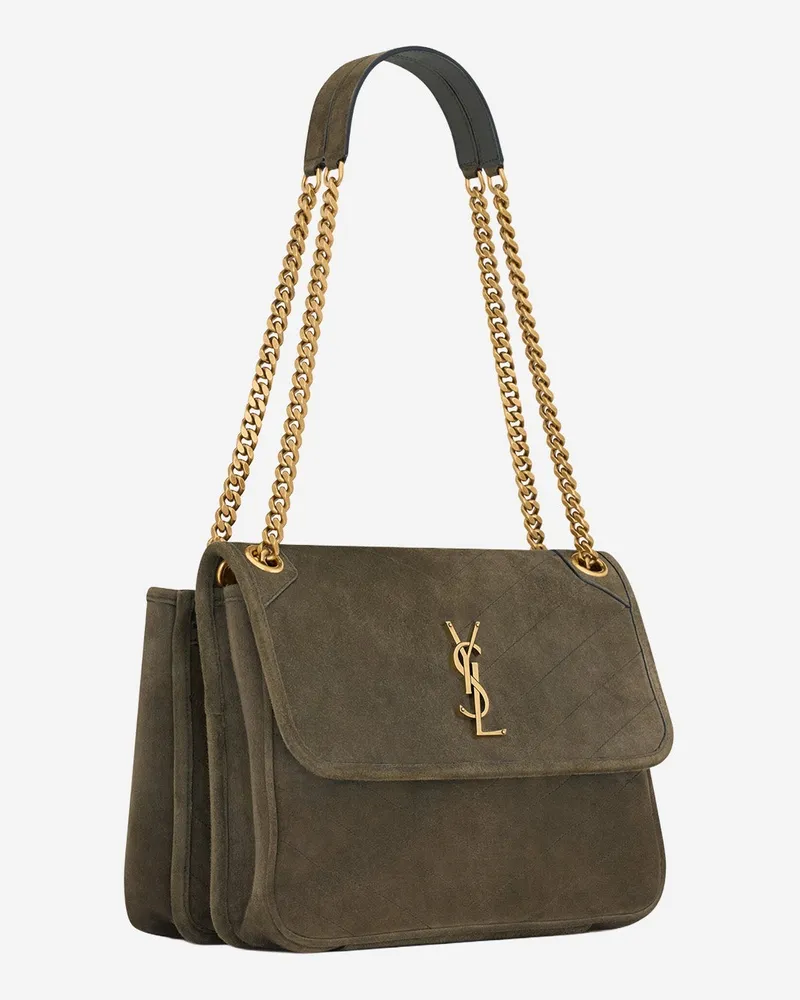 Saint Laurent Women's Shoulder Bag Niki Tripouch Suede Military Green Green