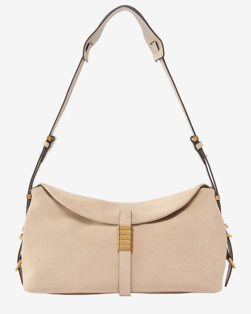 Pinko Women's Saddle Bag Baguette Shoulder Beige Suede Leather Beige