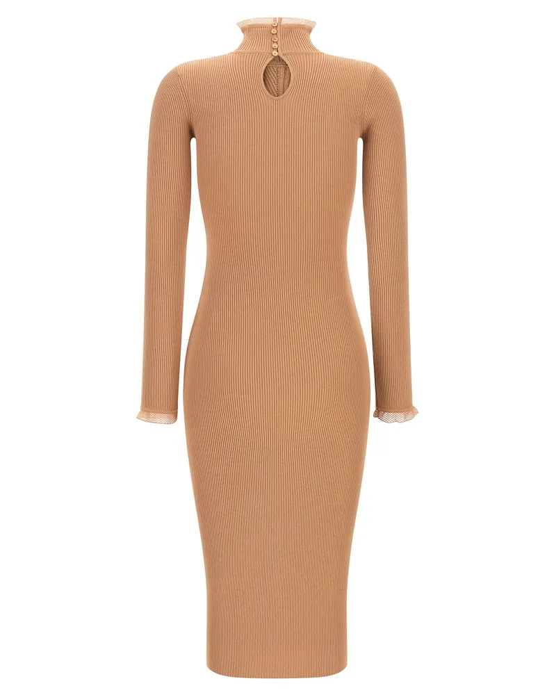 Elisabetta Franchi Ribbed Knit Mock Neck Dress — Beige Beige