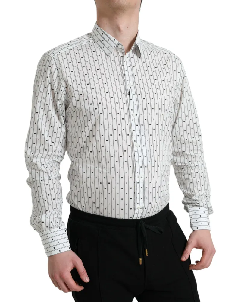 Dolce & Gabbana White Patterned Men Gold Formal Dress Shirt Cotton White
