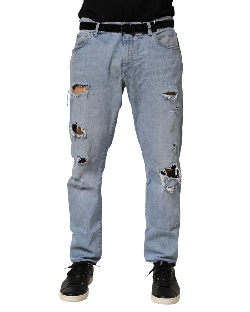 Dolce & Gabbana Men's Blue Cotton Distressed Slim Fit Denim Jeans Co+01 Clothing Blue