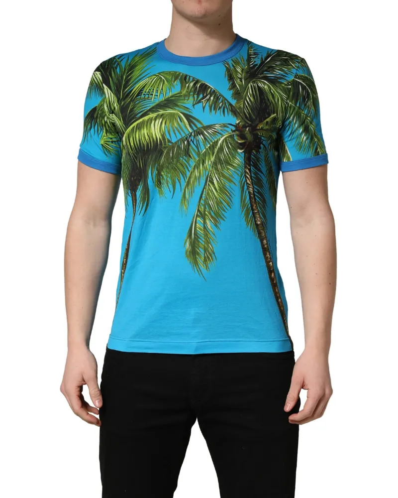 Dolce & Gabbana Men Blue Palm Tree Print Cotton Crewneck T-Shirt Blue